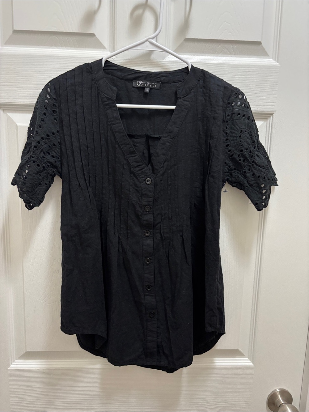 Eyelet-Sleeve Black Button-Front Blouse by Coldwater Creek